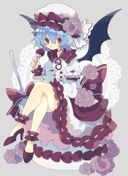 Rule 34 | 1girl, bat wings, black wings, blush stickers, bow, bowtie, buttons, cake, chewing, collar, collared dress, colored eyelashes, commentary request, crossed legs, dress, dress bow, dress flower, eating, flower, food, fork, frilled collar, frilled dress, frilled hat, frills, full body, grey background, hand on lap, hat, hat flower, hat ribbon, high heels, highres, holding, holding fork, lace, layered sleeves, long dress, long sleeves, looking at viewer, mob cap, nikorashi-ka, pink flower, pink rose, puffy long sleeves, puffy short sleeves, puffy sleeves, red bow, red bowtie, red collar, red eyes, red footwear, remilia scarlet, ribbon, ribbon-trimmed collar, ribbon-trimmed headwear, ribbon trim, rose, short over long sleeves, short sleeves, sitting, solo, touhou, white dress, white hat, white ribbon, wings