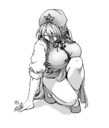 Rule 34 | 1girl, braid, breasts, closed eyes, flower, greyscale, hair over breasts, hat, holding, holding flower, hong meiling, knee to chest, koyubi (littlefinger1988), large breasts, long hair, monochrome, simple background, solo, squatting, star (symbol), touhou, twin braids, white background