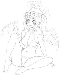 Rule 34 | 1girl, barefoot, bikini, breasts, cleavage, feet, female focus, flandre scarlet, full body, greyscale, hat, large breasts, monochrome, aged up, sketch, solo, swimsuit, touhou, tsuutenkaaku, white background, wings