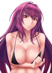 Rule 34 | 1girl, arms under breasts, bikini, black bikini, breasts, cleavage, clothes pull, collarbone, commentary request, fate/grand order, fate (series), hair intakes, highres, large breasts, long hair, looking at viewer, one-piece swimsuit pull, purple hair, red eyes, sakuya (liao kj), scathach (fate), simple background, smile, solo, swimsuit, upper body, white background
