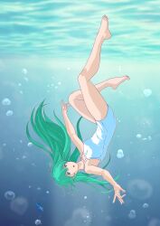 Rule 34 | 1girl, absurdres, air bubble, aqua hair, blue eyes, bubble, collarbone, feet, floating hair, full body, highres, long hair, one-piece swimsuit, open mouth, original, outstretched arms, reaching, reaching towards viewer, solo, spread arms, swimsuit, toes, underwater, upside-down, white one-piece swimsuit, yukikaze (isamiashi)