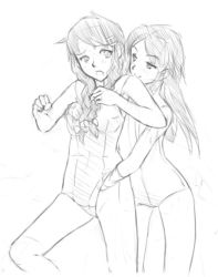 Rule 34 | 10s, 2girls, amputee, blush, braid, face, from behind, grabbing, grabbing from behind, greyscale, hair ornament, hairclip, hand under clothes, hand under swimsuit, katawa shoujo, long hair, measuring shadows, miura miki, molly kapur, monochrome, multiple girls, one-piece swimsuit, school swimsuit, sketch, softmode, swimsuit, twin braids, yuri