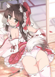 Rule 34 | 1girl, animal ears, ass, bare shoulders, blush, bow, brown eyes, brown hair, calligraphy brush, hair bow, hair tubes, hakurei reimu, kemonomimi mode, long hair, looking at viewer, lying, on stomach, paintbrush, panties, petals, puuakachan, ribbon-trimmed thighhighs, ribbon trim, solo, tail, thighhighs, touhou, underwear, wedgie, white panties, white thighhighs, wolf ears, wolf tail