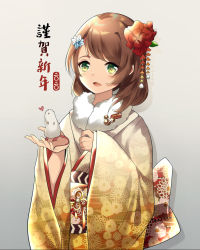 Rule 34 | 1girl, :d, animal, blush, brown hair, brown kimono, chinese zodiac, commentary, floral print, flower, fur collar, glint, gradient background, green eyes, grey background, hair flower, hair ornament, heart, highres, holding, holding animal, japanese clothes, kimono, long sleeves, mouse (animal), nengajou, new year, obi, open mouth, original, print kimono, red flower, rhea (0u0), sash, sleeves past wrists, smile, solo, translation request, wide sleeves, year of the rat
