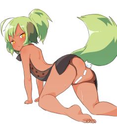 Rule 34 | 1girl, ahoge, all fours, animal ears, ass, back, bar censor, barefoot, blush, censored, crotch cutout, dark skin, dark-skinned female, dog ears, dog tail, done (donezumi), feet, female focus, from behind, looking back, original, ponytail, simple background, soles, solo, tail, titi-chan (nezumi inu), toes, white background