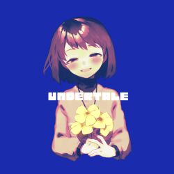 Rule 34 | 1other, :d, androgynous, black undershirt, blue background, blush, bob cut, brown eyes, brown hair, brown shirt, chara (undertale), commentary, copyright name, cropped torso, flower, head tilt, holding, holding flower, jewelry, long sleeves, looking at viewer, narrowed eyes, necklace, open mouth, oshiruko (tsume), own hands together, parted lips, shirt, short hair, simple background, smile, solo, turtleneck, undertale, yellow flower