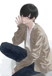 Rule 34 | 1boy, black hair, blue pants, from side, grey eyes, grey jacket, hand up, highres, hirota tsuu, jacket, long sleeves, looking at viewer, male focus, open clothes, open jacket, original, pants, shirt, simple background, sitting, sleeves past wrists, smile, solo, usuzumi kei, white background, white shirt