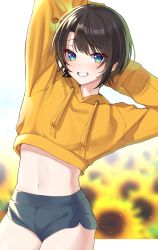 Rule 34 | 1girl, absurdres, arms up, black hair, blue eyes, breasts, clothes lift, commentary, crop top, grin, highres, hololive, hood, hoodie, looking at viewer, navel, oozora subaru, pomp (qhtjd0120), shirt lift, short hair, short shorts, shorts, smile, solo, sportswear, symbol-only commentary, thighs, virtual youtuber, yellow hoodie