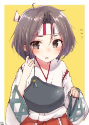 Rule 34 | 10s, 1girl, alternate hair length, alternate hairstyle, blush, brown eyes, brown hair, fang, flying sweatdrops, hachimaki, headband, japanese clothes, kantai collection, muneate, nayuhi (yukimuu14), short hair, simple background, sketch, solo, upper body, yellow background, zuihou (kancolle)
