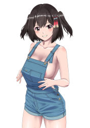 Rule 34 | 1girl, alternate costume, blush, breasts, brown eyes, brown hair, collarbone, cowboy shot, grin, hair between eyes, highres, kantai collection, medium breasts, mikan 29344886, naked overalls, overalls, sendai (kancolle), short hair, simple background, smile, solo, two side up, white background