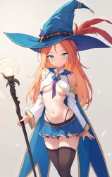 Rule 34 | 1girl, absurdres, bare shoulders, between breasts, blue eyes, blue hat, blue skirt, breasts, brown thighhighs, cape, closed mouth, crop top, crop top overhang, detached sleeves, eissa (trimbil), hat, highleg, highres, holding, holding staff, large breasts, long hair, long sleeves, looking at viewer, midriff, miniskirt, navel, necktie, necktie between breasts, no bra, orange hair, original, panty straps, parted bangs, pleated skirt, revealing clothes, shirt, short necktie, skindentation, skirt, sleeveless, sleeveless shirt, smile, solo, staff, standing, stomach, thighhighs, thighs, trimbil, underboob, white shirt, witch, witch hat, zettai ryouiki