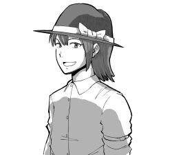 Rule 34 | 1girl, bad id, bad pixiv id, bow, greyscale, hat, hat bow, highres, iroiro yaru hito, looking at viewer, monochrome, open mouth, short hair, simple background, smile, solo, touhou, usami renko, white background
