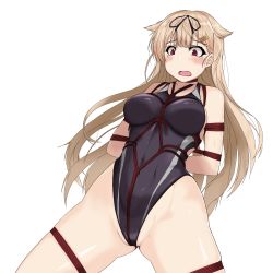 Rule 34 | 1girl, bdsm, black one-piece swimsuit, black ribbon, blonde hair, bondage, bound, commentary request, competition swimsuit, cowboy shot, hair flaps, hair ornament, hair ribbon, hairclip, highleg, highleg swimsuit, highres, kantai collection, kinakomochi (testament05), long hair, one-piece swimsuit, red eyes, ribbon, shibari, simple background, solo, swimsuit, tears, white background, yuudachi (kancolle), yuudachi kai ni (kancolle)