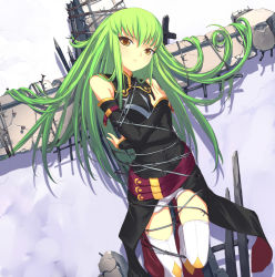 Rule 34 | 00s, 1girl, barbed wire, bdsm, bondage, bound, c.c., code geass, cross, detached sleeves, green hair, long hair, solo, thighhighs, tied up (nonsexual), uni (plastic girl), yellow eyes