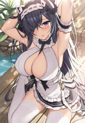Rule 34 | 1girl, alternate costume, apron, arm strap, armpits, arms up, august von parseval (azur lane), august von parseval (the conquered unhulde) (azur lane), azur lane, between breasts, black hair, blue eyes, blush, breasts, cleavage cutout, clothing cutout, commentary request, cross-laced clothes, cross-laced dress, curled horns, enmaided, garter straps, hair over one eye, headdress, horns, indoors, kneeling, large breasts, long hair, looking at viewer, maid, mechanical horns, neck ribbon, no shoes, official alternate costume, on floor, one eye covered, parted lips, plant, ribbon, sitting, sleeveless, smile, solo, strap between breasts, thighhighs, thighs, underboob cutout, very long hair, waist apron, wariza, water, white apron, white garter straps, white headwear, white thighhighs, wooden floor, xe (execut3r)