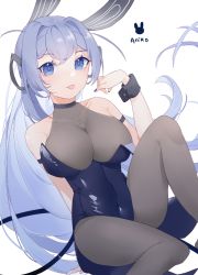 Rule 34 | 1girl, :p, animal ears, ariko (aaaaarik), arm behind back, arm strap, artist name, azur lane, bare shoulders, blue eyes, blue hair, blue nails, blush, bodysuit, breasts, cleavage, coattails, commentary, covered collarbone, covered navel, cowboy shot, fake animal ears, hair between eyes, hair intakes, hand up, headgear, knee up, large breasts, leotard, long hair, looking at viewer, nail, nail polish, new jersey (azur lane), new jersey (exhilarating steps!) (azur lane), official alternate costume, pantyhose, playboy bunny, rabbit ears, see-through, see-through cleavage, sidelocks, simple background, smile, solo, tongue, tongue out, very long hair, white background, wrist cuffs