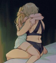 Rule 34 | 2girls, ass, bed, blonde hair, blurry, blurry background, bra, breasts, catsanie, dungeon meshi, elf, falin touden, highres, hug, implied kiss, marcille donato, medium breasts, multiple girls, nightgown, panties, plump, pointy ears, short hair, sitting, straddling, thighlet, thighs, underwear, upright straddle, wedgie, yuri