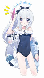Rule 34 | 1girl, :o, arm up, blue archive, blue bow, blue halo, blue one-piece swimsuit, blush, bow, breasts, casual one-piece swimsuit, cellphone, commentary, cropped legs, frilled one-piece swimsuit, frills, hair bow, halo, highres, holding, holding phone, innertube, long hair, looking at viewer, measho, miyako (blue archive), miyako (swimsuit) (blue archive), notice lines, off-shoulder one-piece swimsuit, off shoulder, official alternate costume, one-piece swimsuit, parted lips, phone, ponytail, purple eyes, simple background, small breasts, smartphone, solo, swim ring, swimsuit, white background, white hair