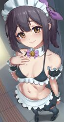 Rule 34 | 1girl, bare shoulders, bikini, black hair, blush, breasts, brown eyes, carbon12th, detached collar, fate/kaleid liner prisma illya, fate (series), hair ornament, hairclip, highres, looking at viewer, maid, maid bikini, maid headdress, medium hair, miyu edelfelt, navel, skirt, small breasts, smile, solo, swimsuit, thighhighs, twintails, unconventional maid