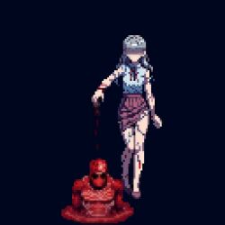 1girl 1other arm_at_side blood commentary dark_background faceless fear_&amp;_hunger_(series) fear_&amp;_hunger_2:_termina full_body golem grey_hair long_hair marina_(fear_&amp;_hunger) neck_ribbon outstretched_arm pink_shoes pink_skirt pixel_art ribbon shirt shoes simple_background skirt summoning torn_clothes torn_skirt torn_sleeves web_zzzz white_shirt