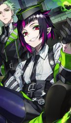 Rule 34 | 1boy, 1other, androgynous, belt, black belt, black gloves, closed mouth, collared shirt, copyright request, gloves, green eyes, green hair, grin, half gloves, hand up, highres, looking at viewer, mika pikazo, multicolored hair, pantyhose, pointy ears, purple hair, purple legwear, red eyes, shirt, sitting, slit pupils, smile, streaked hair, white shirt, wing collar