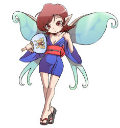 Rule 34 | 1girl, :/, aqua wings, bare arms, bare shoulders, blue kimono, breasts, brown eyes, brown hair, cleavage, closed mouth, collarbone, crossed legs, fairy, fairy wings, full body, geta, hand fan, holding, holding fan, japanese clothes, kimono, long sleeves, nollety, obi, off shoulder, pixie (megami tensei), pointy ears, ribbon, sandals, sash, shin megami tensei, short hair, short kimono, simple background, small breasts, solo, tiptoes, watson cross, white background, white ribbon, wide sleeves, wings