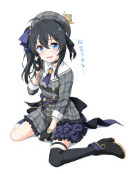 Rule 34 | 1girl, absurdres, ahoge, belt, beret, between legs, black choker, black footwear, black gloves, black thighhighs, blue neckerchief, blue ribbon, blush, boots, bracelet, brooch, buttons, choker, collared dress, cosplay, crown, dot nose, double-breasted, dress, felutiahime, frilled dress, frills, full body, gloves, grey dress, hair between eyes, hair ribbon, hand between legs, hand on own cheek, hand on own face, hat, high heel boots, high heels, highres, hololive, hoshimachi suisei, hoshimachi suisei (1st costume), hoshimachi suisei (cosplay), jewelry, long hair, long sleeves, looking at viewer, mini crown, neckerchief, one side up, open mouth, original, partially fingerless gloves, plaid, plaid dress, plaid headwear, ribbon, sidelocks, simple background, sitting, sleeves rolled up, star (symbol), star brooch, star choker, sweatdrop, thigh strap, thighhighs, virtual youtuber, wariza, white background
