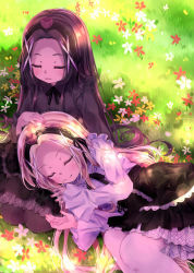 Rule 34 | 2girls, 54hao, black bow, black hair, black hairband, black shirt, black skirt, blonde hair, blush, bow, brown legwear, closed eyes, closed mouth, commentary request, day, flower, forehead, hair ornament, hairband, hand on another&#039;s head, highres, lap pillow, long hair, long sleeves, lying, multiple girls, on ground, on side, original, outdoors, pantyhose, parted bangs, parted lips, red flower, red rose, rose, shirt, siblings, sisters, skirt, sleeves past wrists, smile, twins, very long hair, white flower, white legwear, white shirt, x hair ornament, yellow flower