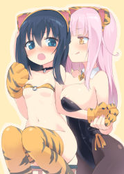 Rule 34 | 2girls, :q, animal ears, animal hands, animal print, bare shoulders, bell, bikini, black hair, black legwear, blue eyes, blush, bottomless, bow, bowtie, breast press, breasts, chloe (homura subaru), chloe withers, cleavage, collar, covered erect nipples, detached collar, fake animal ears, gloves, highres, holding hands, homura subaru, kittysuit, large breasts, leotard, lillian (homura subaru), lillian ljungstrom, long hair, multiple girls, navel, neck bell, nontraditional playboy bunny, o-ring, o-ring top, open mouth, original, pantyhose, paw gloves, pink hair, simple background, small breasts, smile, swimsuit, thighhighs, tiger ears, tiger paws, tiger print, tongue, tongue out, yellow eyes, yuri