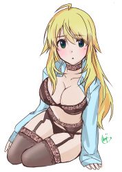 Rule 34 | 1girl, :&lt;, absurdres, ahoge, arm support, black bra, black garter, black panties, black thighhighs, blonde hair, blush, bra, breasts, cleavage, garter straps, green eyes, highres, hop grenade, hoshii miki, idolmaster, idolmaster (classic), lace, lace-trimmed bra, lace-trimmed garter belt, lace-trimmed legwear, lace trim, large breasts, looking at viewer, open clothes, panties, sketch, solo, thighhighs, underwear, white background