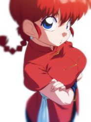 Rule 34 | 1girl, blue eyes, braid, breasts, chinese clothes, crossed arms, expressionless, genderswap, genderswap (mtf), large breasts, ranma-chan, ranma 1/2, red hair, rom (20), rom (20), saotome ranma, simple background, single braid, sleeveless, smile, solo, standing, tangzhuang, thighs, white background, wide hips