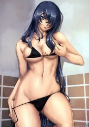 Rule 34 | 00s, 1girl, artbook, bare shoulders, bikini, black bikini, black hair, blue eyes, breasts, clothes pull, collarbone, eiwa, fanbook, groin, hair over one eye, hip focus, ikkitousen, ikkitousen dragon destiny, kan&#039;u unchou, large breasts, long hair, looking at viewer, official art, one-piece swimsuit pull, parted lips, scan, side-tie bikini bottom, skindentation, solo, standing, swimsuit, thighs, very long hair, wet
