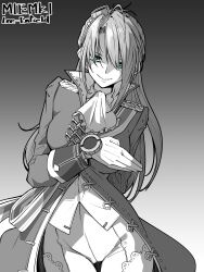Rule 34 | 1girl, absurdres, ahoge, aqua eyes, ascot, breasts, character name, commentary, evil smile, girls&#039; frontline, gloves, gradient background, greyscale, highres, lee-enfield (girls&#039; frontline), long hair, looking at viewer, minami shin (zenshuu bougyo), monochrome, partially shaded face, shaded face, smile, solo, spot color, straight-on