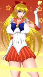Rule 34 | 1girl, aino minako, arm at side, back bow, bare legs, bishoujo senshi sailor moon, blonde hair, blue bow, blue eyes, bow, breasts, byakkun (byakkun8181), choker, collarbone, covered navel, earrings, elbow gloves, eyebrows hidden by hair, gloves, gradient background, hair bow, hand up, happy, head tilt, heart, highres, index finger raised, jewelry, large breasts, long hair, looking at viewer, magical girl, miniskirt, neck, necklace, open mouth, orange background, orange choker, orange sailor collar, orange skirt, pleated skirt, red bow, sailor collar, sailor venus, short sleeves, skirt, smile, standing, star (symbol), star choker, star necklace, starry background, straight hair, stud earrings, super sailor venus, thick thighs, thighs, tiara, very long hair, white gloves, yellow bow