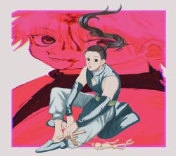 Rule 34 | :p, alternate hairstyle, black eyes, black hair, brothers, chinese clothes, detached sleeves, highres, illumi zoldyck, killua zoldyck, male focus, miko hxh, official alternate costume, ponytail, puppet, puppet strings, red background, siblings, solo focus, tongue, tongue out