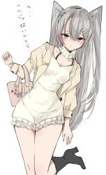 Rule 34 | 1girl, alternate costume, amatsukaze (kancolle), bag, brown eyes, chigasaki yukari, commentary request, dress, frilled dress, frills, grey hair, highres, jacket, kantai collection, leaning to the side, lifebuoy ornament, long hair, looking at viewer, simple background, solo, standing, standing on one leg, translation request, two side up, white background, white dress, white jacket