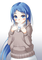 Rule 34 | 1girl, blue eyes, blue hair, breath, brown sweater, cowboy shot, gradient background, gradient hair, kantai collection, long hair, looking at viewer, mayura (lucadia), multicolored hair, samidare (kancolle), solo, sweater, swept bangs, very long hair, white background