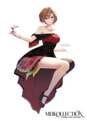 Rule 34 | 1girl, absurdres, alcohol, asymmetrical legwear, bare shoulders, black thighhighs, blush, bracelet, brown eyes, brown hair, dress, drink, earrings, english text, facing viewer, full body, happy birthday, high heels, highres, holding, holding drink, invisible chair, jewelry, looking at viewer, meiko (vocaloid), necklace, parted lips, red dress, short hair, sitting, smile, solo, strapless, strapless dress, thighhighs, vocaloid, white background, yen-mi