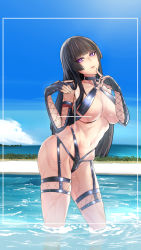 Rule 34 | 1girl, absurdres, bare shoulders, bikini, black gloves, black hair, blue sky, blunt bangs, bondage outfit, breasts, cleavage, dead or alive, detached sleeves, elbow gloves, female focus, finger to mouth, fingerless gloves, fishnet sleeves, fishnets, garter straps, gloves, head tilt, highres, hime cut, index finger raised, large breasts, looking at viewer, midriff, navel, nyotengu, o-ring, o-ring bikini, parted lips, photo shoot, pool, purple eyes, revealing clothes, skindentation, sky, solo, swimsuit, thick thighs, thigh strap, thighs, tierla, wading, wet, wide hips