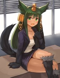 Rule 34 | 1girl, :d, absurdres, alternate costume, animal ears, animal hands, anubis (monster girl encyclopedia), breasts, cleavage, clipboard, commentary, commission, crossed legs, egyptian, english commentary, gold trim, green eyes, green hair, hair ornament, hand up, headdress, highres, holding, jackal ears, jackal tail, jacket, large breasts, long hair, long sleeves, looking at viewer, miniskirt, monster girl, monster girl encyclopedia, office lady, open mouth, pencil skirt, purple jacket, purple skirt, shirt, sitting, skirt, smile, snake hair ornament, solo, sookmo, tail, third-party source, white shirt, window, wolf ears, wolf tail