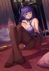 Rule 34 | 1girl, animal ears, ass, bare shoulders, bottle, bow, bowtie, braid, breasts, bridal gauntlets, brown pantyhose, cleavage, detached collar, expressionless, fake animal ears, feet, foreshortening, genshin impact, hairband, hand on own chest, hand up, highleg, highleg leotard, highres, knees up, large breasts, leotard, long hair, looking at viewer, mole, mole under eye, nev (nevblindarts), no shoes, pantyhose, parted lips, playboy bunny, purple eyes, purple hair, purple leotard, rabbit ears, raiden shogun, single braid, sitting, solo, strapless, strapless leotard, thighband pantyhose, very long hair