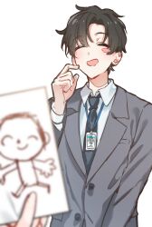 Rule 34 | 1boy, 1other, absurdres, black hair, black necktie, blue archive, blue archive the animation, blurry, blush stickers, closed eyes, collared shirt, commentary request, depth of field, doodle sensei (blue archive), facing viewer, formal, grey suit, highres, holding, holding photo, id card, lanyard, male focus, necktie, photo (object), pov, pov hands, sensei (blue archive), sensei (blue archive the animation), shirt, short hair, simple background, smile, solo focus, suit, upper body, white background, white shirt, yayoi maka