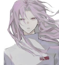Rule 34 | 1boy, 3s 3s, closed mouth, eyes visible through hair, floating hair, hatsutori hajime, light frown, long hair, looking at viewer, male focus, parted bangs, pink hair, red eyes, saibou shinkyoku, shirt, simple background, sketch, solo, white background, white shirt