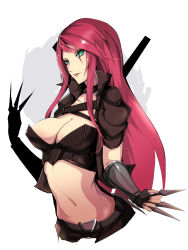 Rule 34 | 1girl, belt, between fingers, breasts, bustier, cleavage, cowboy shot, dual wielding, fingerless gloves, gloves, green eyes, highres, holding, katarina (league of legends), kumiko shiba, kunai, large breasts, league of legends, long hair, midriff, navel, red hair, scar, scar across eye, scar on face, solo, vambraces, weapon