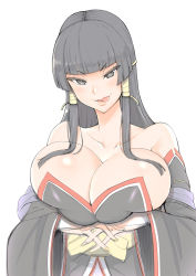 Rule 34 | 1girl, are (arearee), bare shoulders, black hair, breasts, cleavage, dead or alive, hime cut, huge breasts, japanese clothes, kimono, licking lips, long hair, naughty face, nyotengu, smug, solo, tecmo, tongue, tongue out