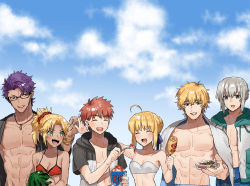 Rule 34 | 2girls, 4boys, artoria pendragon (fate), artoria pendragon (swimsuit archer) (fate), artoria pendragon (swimsuit archer) (first ascension) (fate), bedivere (fate), bikini, blonde hair, blue eyes, closed eyes, commentary, emiya shirou, fate/apocrypha, fate/extra, fate/grand order, fate/stay night, fate (series), gawain (fate), green eyes, grey hair, highres, knights of the round table (fate), lancelot (fate/grand order), mash kyrielight, mash kyrielight (swimsuit of perpetual summer), mordred (fate), mordred (fate) (all), mordred (fate/apocrypha), mordred (swimsuit rider) (fate), mordred (swimsuit rider) (first ascension) (fate), multiple boys, multiple girls, none (kameko227), official alternate costume, prydwen (fate), purple eyes, purple hair, red bikini, red hair, red scrunchie, scrunchie, short hair, swimsuit