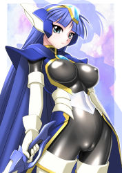 Rule 34 | 1990s (style), 1girl, armor, blue eyes, blue hair, breasts, cameltoe, cape, cleft of venus, covered erect nipples, fat mons, female focus, gloves, highres, large breasts, legs, long hair, looking at viewer, magic knight rayearth, matching hair/eyes, retro artstyle, ryuuzaki umi, sakura ryuuken, shoulder pads, simple background, skin tight, smile, solo, standing, sword, thighs, weapon