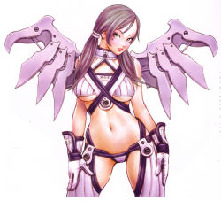 Rule 34 | 1girl, angel, black hair, breasts, breasts apart, clothes writing, cowboy shot, eyelashes, head tilt, highres, legs apart, no pants, non-web source, revealing clothes, simple background, solo, standing, sweet dreams, twintails, white background, wide hips, wings, yamashita shun&#039;ya