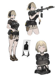 Rule 34 | 1girl, assault rifle, blonde hair, breasts, choker, closed eyes, cropped legs, ear protection, glock, gun, handgun, highres, holding, holding gun, holding weapon, holster, large breasts, looking at viewer, magazine (weapon), mole, mole under eye, multiple views, original, pistol, reloading, renatus.z, rifle, short hair, silhouette target, sketch, smile, target practice, weapon, weapon request