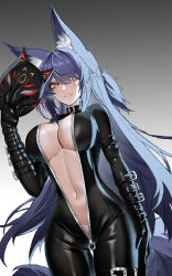 Rule 34 | 1girl, absurdres, animal ear fluff, animal ears, arm at side, black bodysuit, black gloves, bodysuit, braid, breasts, cleavage, cowboy shot, fox mask, full-length zipper, glint, gloves, gradient background, grey background, grey hair, highres, holding, holding mask, kongbai huanxiang, large breasts, long hair, looking at viewer, mask, unworn mask, navel, one side up, open bodysuit, open clothes, original, parted lips, smile, solo, thigh gap, very long hair, yellow eyes, zipper